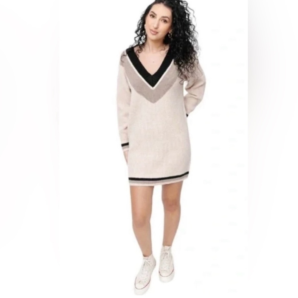Smash + Tess V-Neck Sweater Mini Dress in Cream and Black
